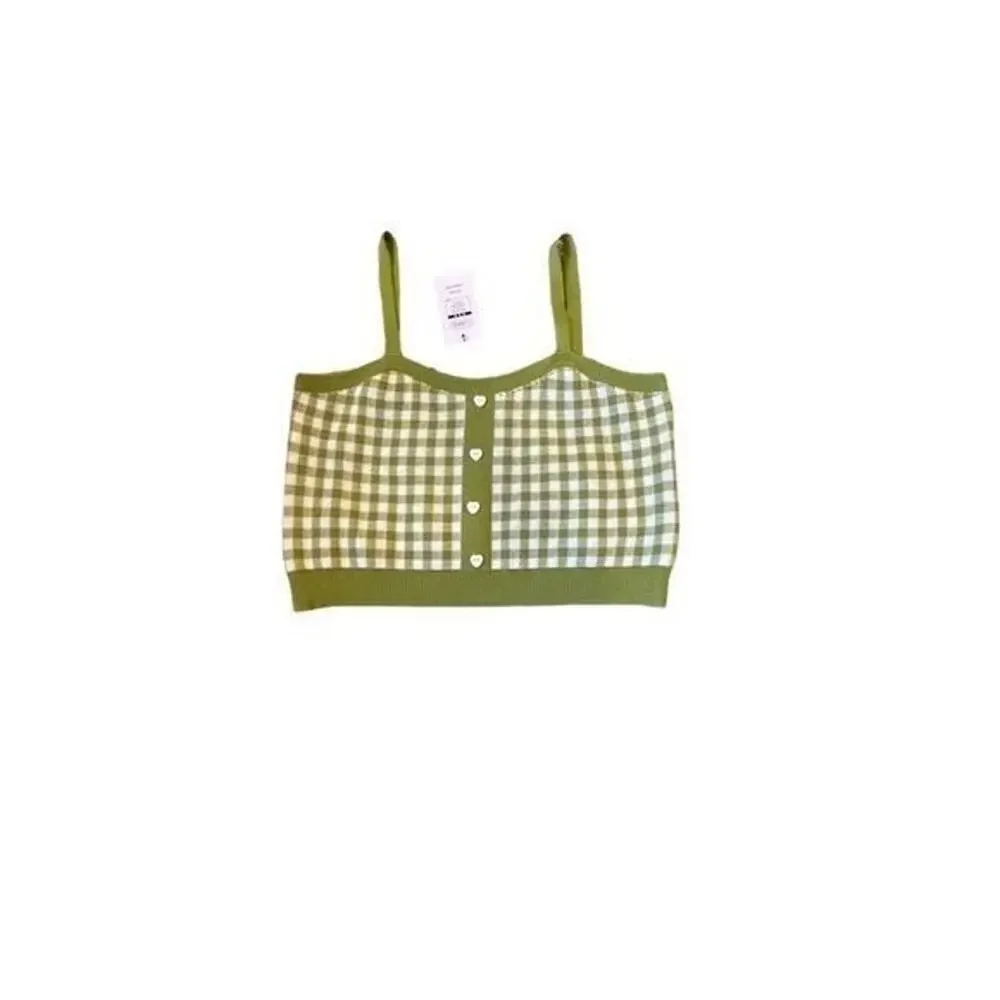 Cider Women's Green Checkered Knitted Plaid Cami Top Size L NWT